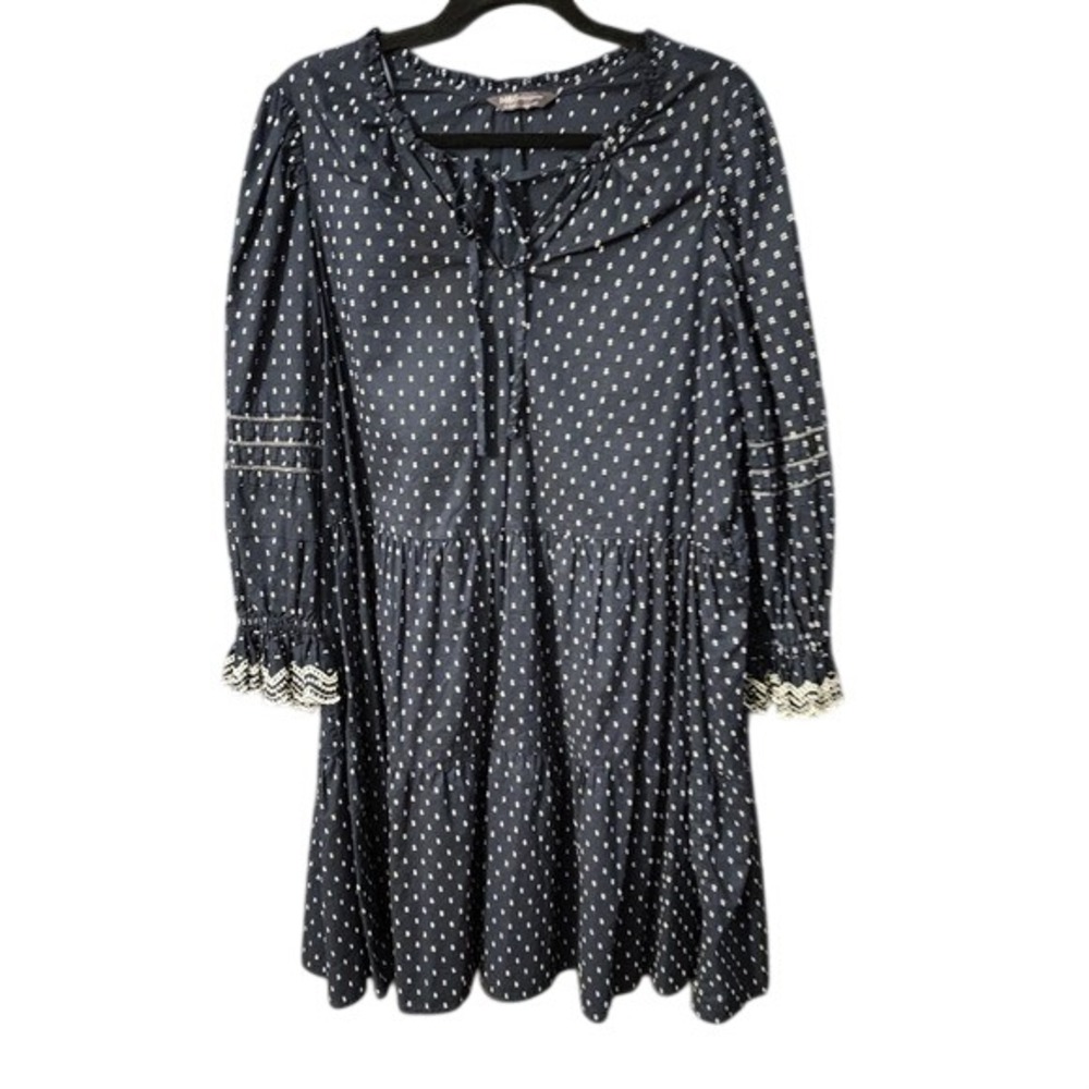 M&S Collection Navy & White Polka Dot Long Sleeve Dress White Ruffle Cuff Accent